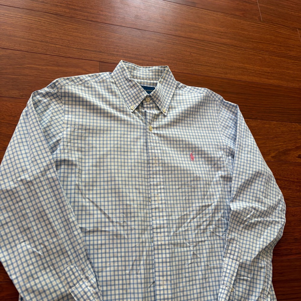 Ralph Lauren Mens Gingham Plaid Button Down Shirt Blue White Cotton Size M